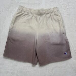 Champion Sweat Shorts Mens S Cream Mauve Ombre Dip Dye Fleece Raw Hem